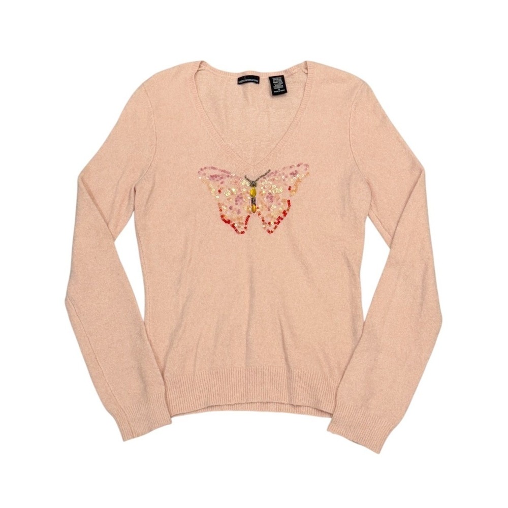 VTG Moda International Womens S Pink Angora Blend Butterfly Sequin Y2K Sweater